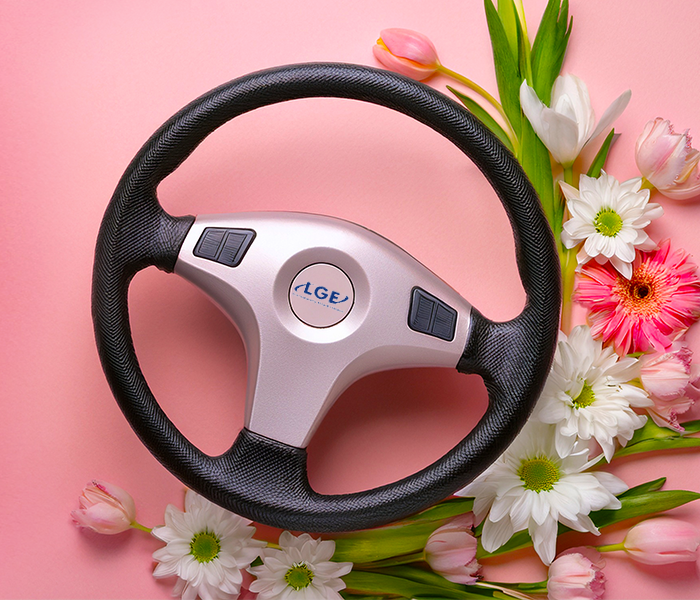 Steering wheel with springtime flowers, LGE logo