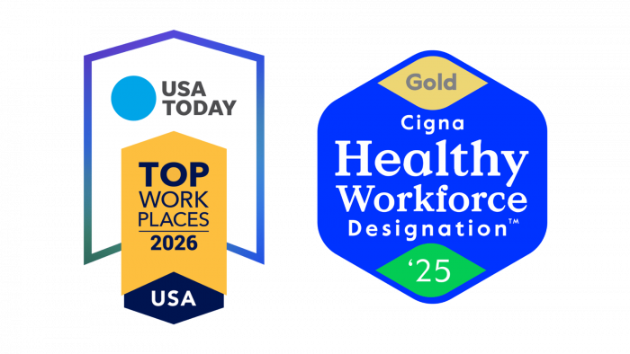 USA TODAY Top Workplaces 2026 badge and Cigna Healthy Workforce Gold designation badge 2025