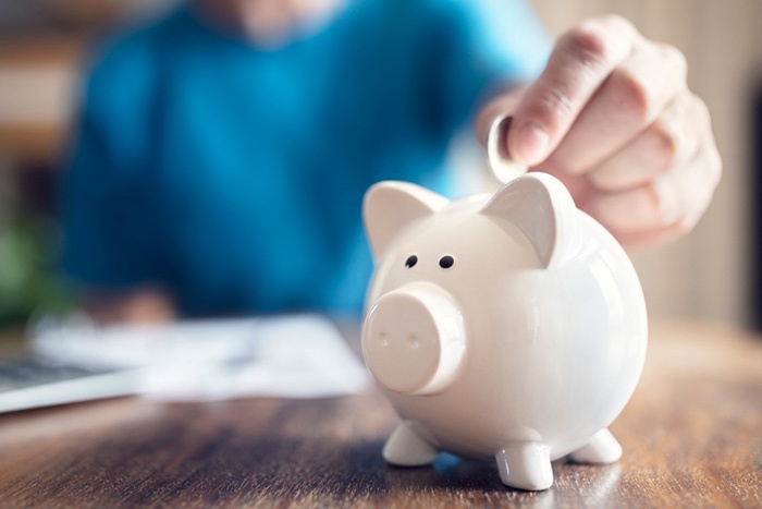 person placing coin into piggy bank