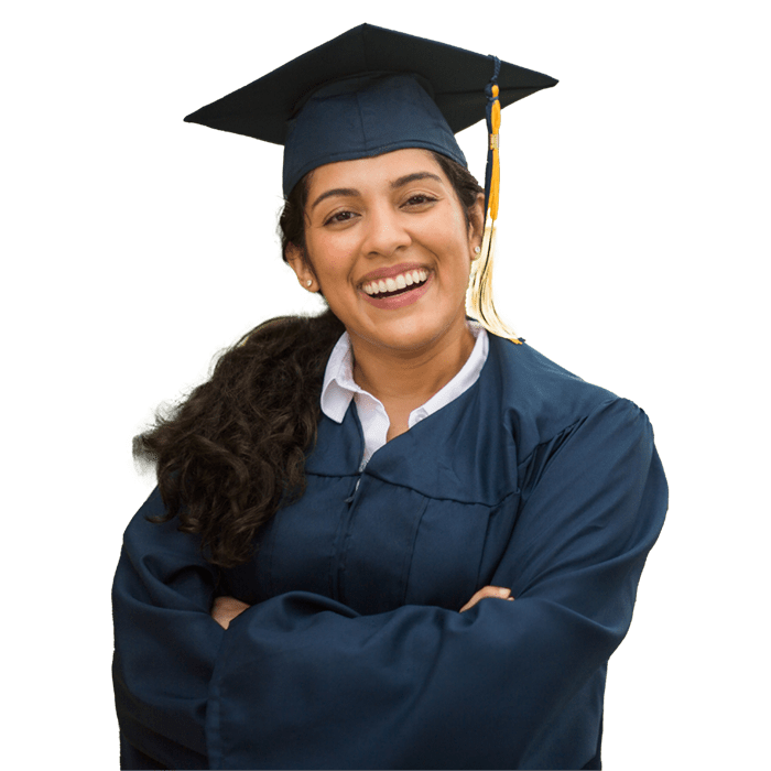 Student wearing graduation cap and gown