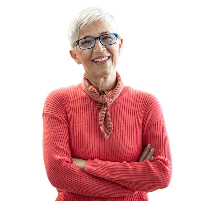Middle aged woman with glasses and red sweater crossing arms