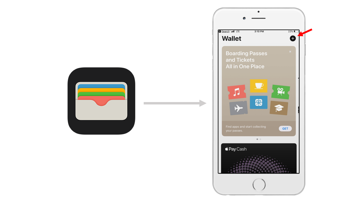open apple wallet and tap plus sign in top right corner